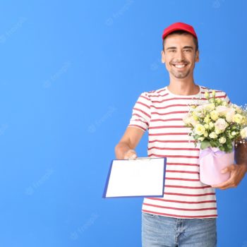 delivery-man-with-bouquet-flowers-clipboard-color_392895-2530-350x350